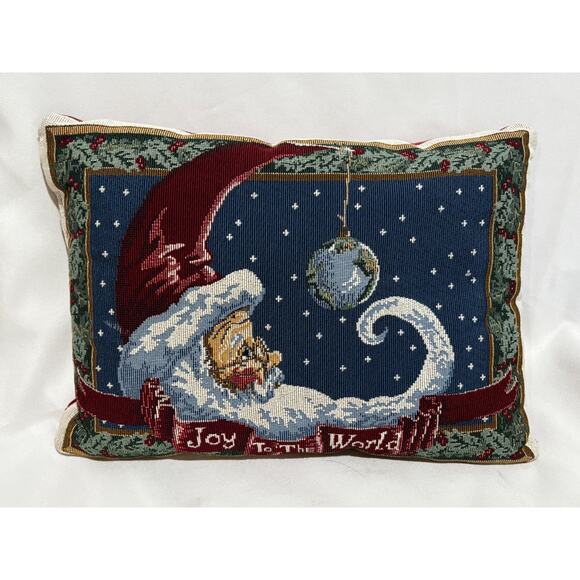 Vintage Christmas Pillow Santa Tapestry Accent Pillow 16" Joy To The World decor - Picture 1 of 6